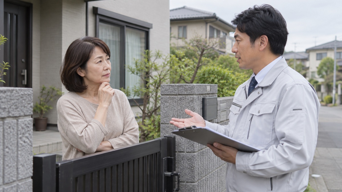 戸建て住宅の門前で外壁塗装の説明を聞く女性