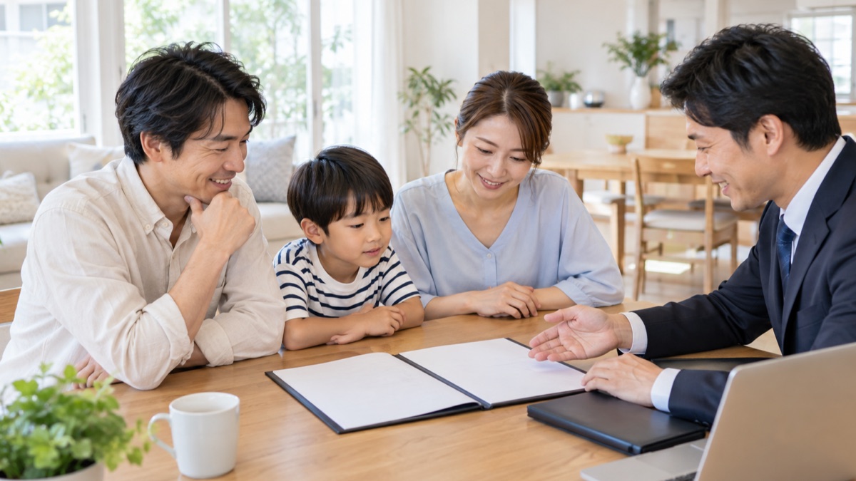 外壁塗装の契約内容を家族で確認する様子